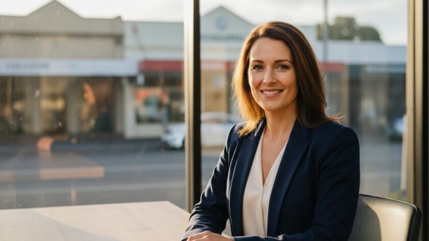 A powerful professional portrait of an executive woman smiling confidently in an elegant modern office setting in Warragul, Victoria, bathed in soft, dramatic natural light, embodying the essence of Warragul professional headshots for career advancement Victoria.