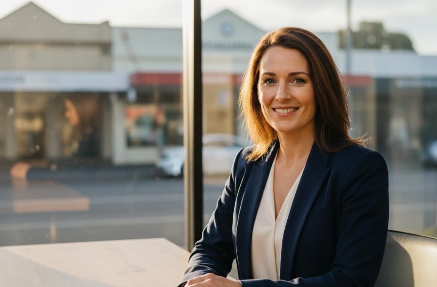 A powerful professional portrait of an executive woman smiling confidently in an elegant modern office setting in Warragul, Victoria, bathed in soft, dramatic natural light, embodying the essence of Warragul professional headshots for career advancement Victoria.