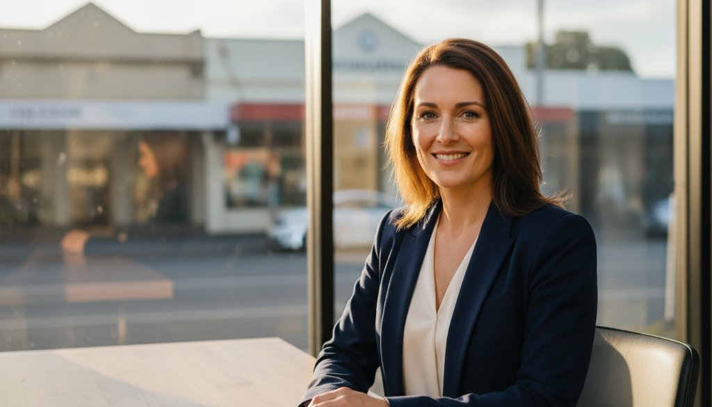 A powerful professional portrait of an executive woman smiling confidently in an elegant modern office setting in Warragul, Victoria, bathed in soft, dramatic natural light, embodying the essence of Warragul professional headshots for career advancement Victoria.