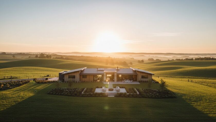 Dramatic wide-angle shot of a modern farmhouse in Warragul, Victoria at sunrise, highlighting its expansive rural surroundings and manicured gardens, epitomising professional Warragul real estate photography showcasing rural charm.