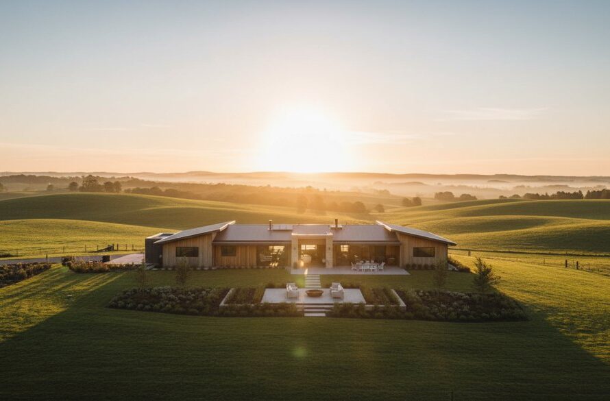 Dramatic wide-angle shot of a modern farmhouse in Warragul, Victoria at sunrise, highlighting its expansive rural surroundings and manicured gardens, epitomising professional Warragul real estate photography showcasing rural charm.