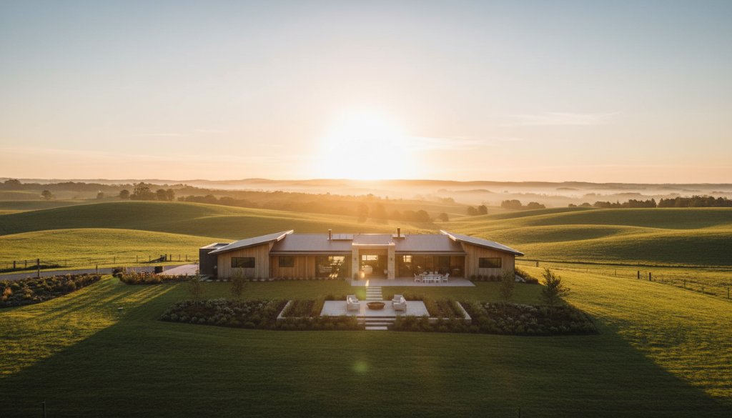 Dramatic wide-angle shot of a modern farmhouse in Warragul, Victoria at sunrise, highlighting its expansive rural surroundings and manicured gardens, epitomising professional Warragul real estate photography showcasing rural charm.