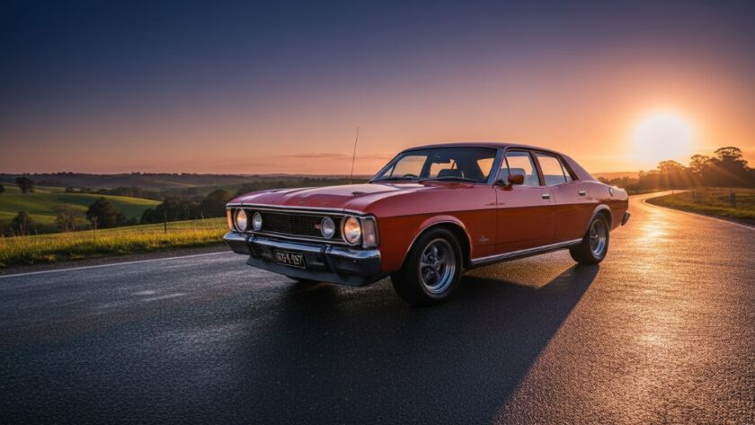 Dramatic evening shot showcasing a classic Australian muscle car, expertly captured through Warragul Victoria bespoke automotive photography, parked majestically on a winding country road near Warragul with golden hour light reflecting off its polished surface, creating an epic, cinematic moment.