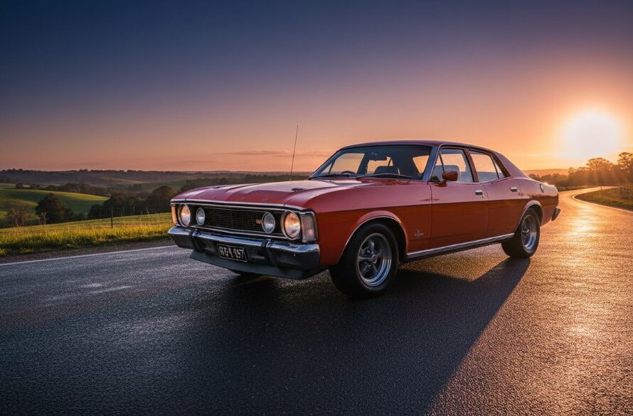 Dramatic evening shot showcasing a classic Australian muscle car, expertly captured through Warragul Victoria bespoke automotive photography, parked majestically on a winding country road near Warragul with golden hour light reflecting off its polished surface, creating an epic, cinematic moment.