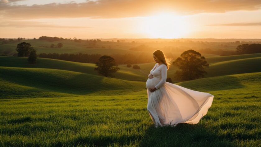 A radiant mum-to-be, silhouetted by the golden hour light, stands majestically amidst the rolling green hills of Warragul, Victoria, during her natural light maternity photography session. The wind gently catches her flowing gown, creating an ethereal, epic moment captured with professional, dramatic lighting and warm colour grading.