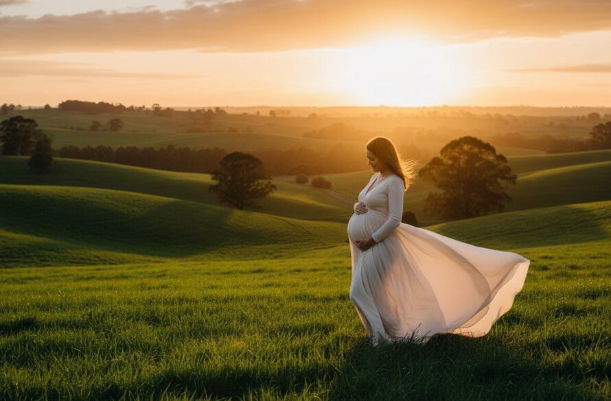 A radiant mum-to-be, silhouetted by the golden hour light, stands majestically amidst the rolling green hills of Warragul, Victoria, during her natural light maternity photography session. The wind gently catches her flowing gown, creating an ethereal, epic moment captured with professional, dramatic lighting and warm colour grading.
