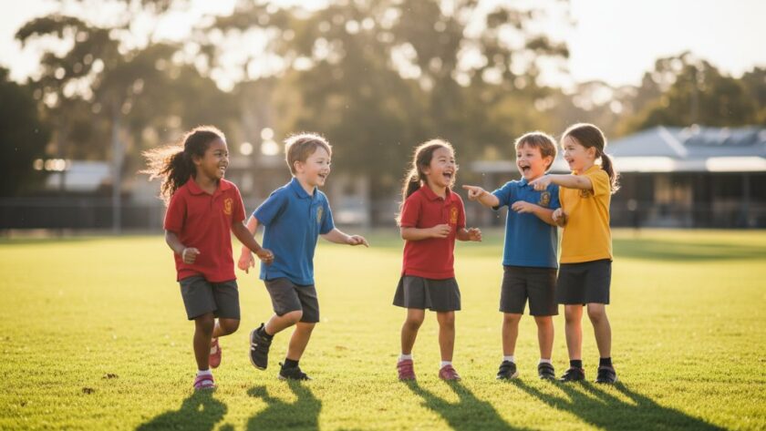 An epic moment captured in Warragul Victoria school photography authentic joyful portraits, showing a group of diverse primary school children laughing joyfully together on a sunny Warragul oval, bathed in warm, golden hour light, celebrating friendship and community.
