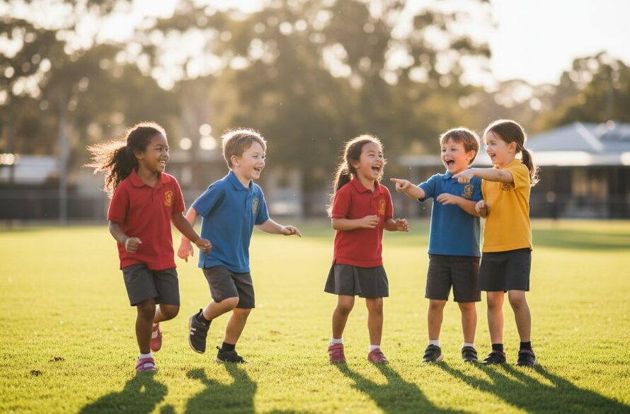 An epic moment captured in Warragul Victoria school photography authentic joyful portraits, showing a group of diverse primary school children laughing joyfully together on a sunny Warragul oval, bathed in warm, golden hour light, celebrating friendship and community.
