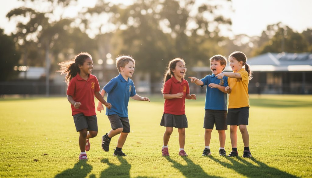 An epic moment captured in Warragul Victoria school photography authentic joyful portraits, showing a group of diverse primary school children laughing joyfully together on a sunny Warragul oval, bathed in warm, golden hour light, celebrating friendship and community.
