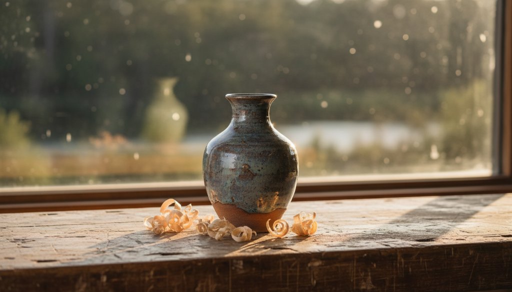 An epic moment captured in Warrandyte, showcasing a handcrafted ceramic vase glowing under dramatic studio lighting, illustrating expert Warrandyte Artisan Product Photography for Local Brands, with a subtle natural backdrop suggesting the Yarra River's serene beauty.