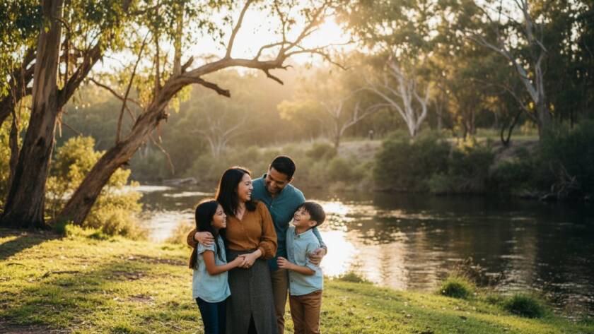 A family joyfully embraces by the Yarra River in Warrandyte at golden hour, capturing a timeless Warrandyte artist family photography experience with soft, ethereal light, epitomising an epic moment in fine art photography.