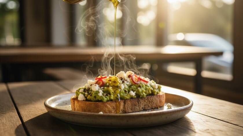 Dynamic close-up of a steaming gourmet dish, expertly plated on a rustic wooden table in a sunlit Warrandyte cafe, highlighting Warrandyte cafe food photography with dramatic backlighting and a chef's hand adding a garnish, capturing an epic moment of culinary artistry.