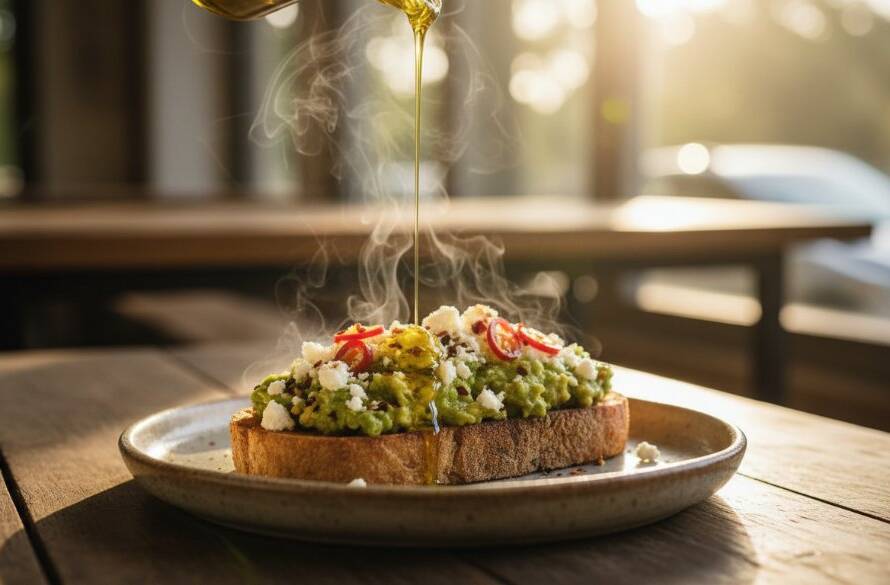 Dynamic close-up of a steaming gourmet dish, expertly plated on a rustic wooden table in a sunlit Warrandyte cafe, highlighting Warrandyte cafe food photography with dramatic backlighting and a chef's hand adding a garnish, capturing an epic moment of culinary artistry.
