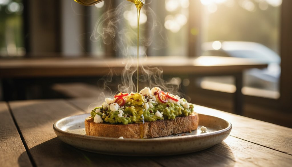 Dynamic close-up of a steaming gourmet dish, expertly plated on a rustic wooden table in a sunlit Warrandyte cafe, highlighting Warrandyte cafe food photography with dramatic backlighting and a chef's hand adding a garnish, capturing an epic moment of culinary artistry.