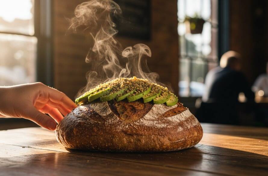 A dynamic, close-up shot of a perfectly plated gourmet dish, artfully arranged on a rustic wooden table within a charming Warrandyte cafe, dramatically lit to highlight textures, ideal for Warrandyte cafe menu photography for local businesses.