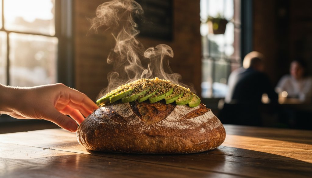 A dynamic, close-up shot of a perfectly plated gourmet dish, artfully arranged on a rustic wooden table within a charming Warrandyte cafe, dramatically lit to highlight textures, ideal for Warrandyte cafe menu photography for local businesses.