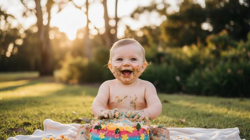 A heartwarming and dynamic 'epic moment' photograph capturing a baby's joyful first birthday during a Warrandyte Cake Smash Photography Magical First Birthday session, covered in cake with a wide, happy grin amidst a beautifully decorated outdoor setting in Warrandyte, Victoria, dramatic natural lighting highlighting the celebration.