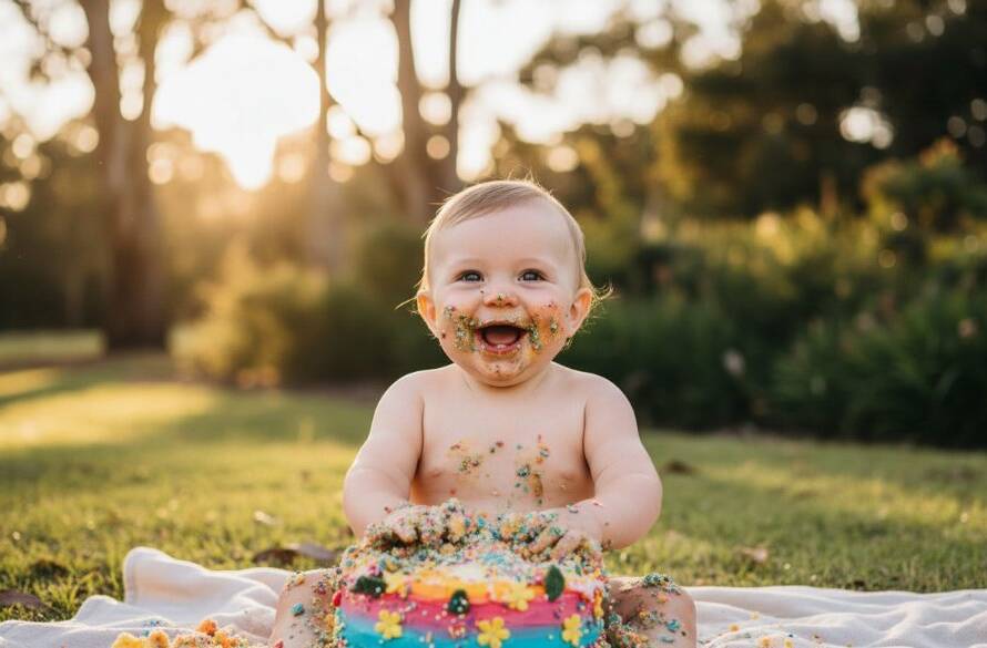 A heartwarming and dynamic 'epic moment' photograph capturing a baby's joyful first birthday during a Warrandyte Cake Smash Photography Magical First Birthday session, covered in cake with a wide, happy grin amidst a beautifully decorated outdoor setting in Warrandyte, Victoria, dramatic natural lighting highlighting the celebration.