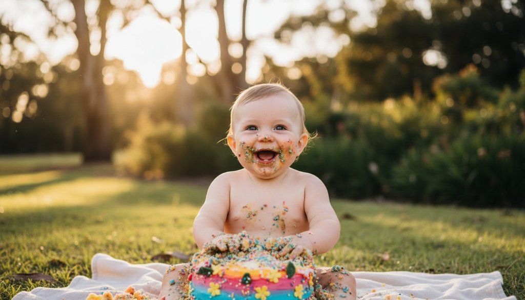 A heartwarming and dynamic 'epic moment' photograph capturing a baby's joyful first birthday during a Warrandyte Cake Smash Photography Magical First Birthday session, covered in cake with a wide, happy grin amidst a beautifully decorated outdoor setting in Warrandyte, Victoria, dramatic natural lighting highlighting the celebration.