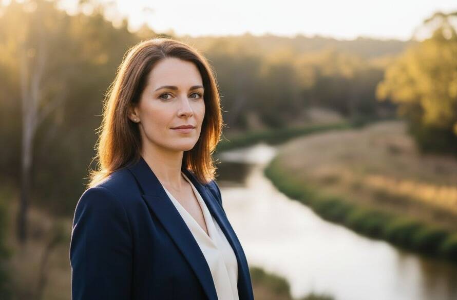 Dynamic Warrandyte corporate headshots showcasing local professionalism, featuring a confident business leader silhouetted against the golden hour glow of the Yarra River, capturing an epic moment of vision and strength.
