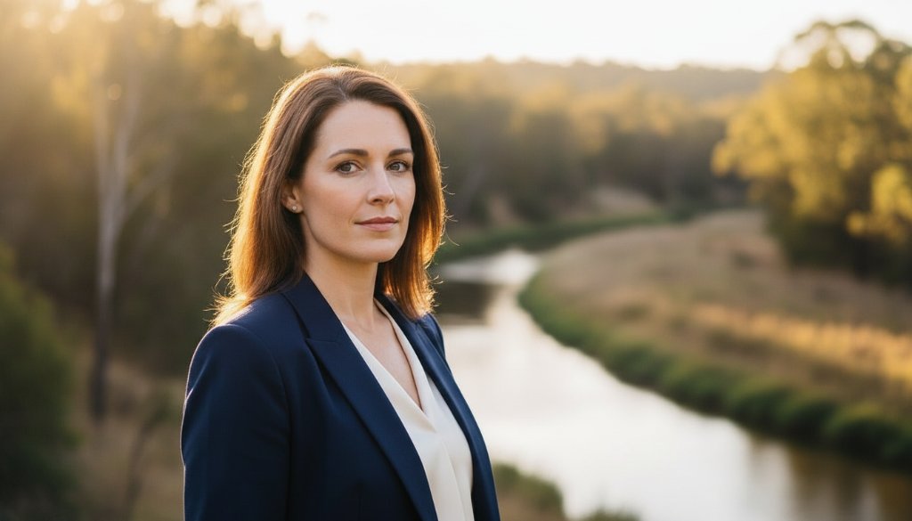 Dynamic Warrandyte corporate headshots showcasing local professionalism, featuring a confident business leader silhouetted against the golden hour glow of the Yarra River, capturing an epic moment of vision and strength.