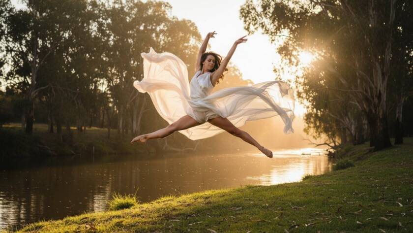 A breathtaking Warrandyte dance photography capturing passion moment of a dancer mid-leap, silhouetted against a golden sunset over the Yarra River, showcasing powerful grace and emotion.
