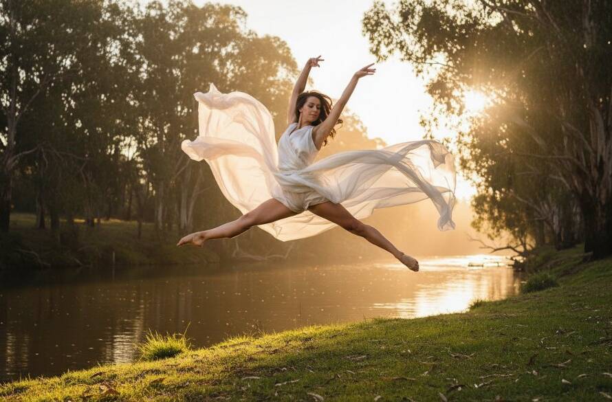 A breathtaking Warrandyte dance photography capturing passion moment of a dancer mid-leap, silhouetted against a golden sunset over the Yarra River, showcasing powerful grace and emotion.