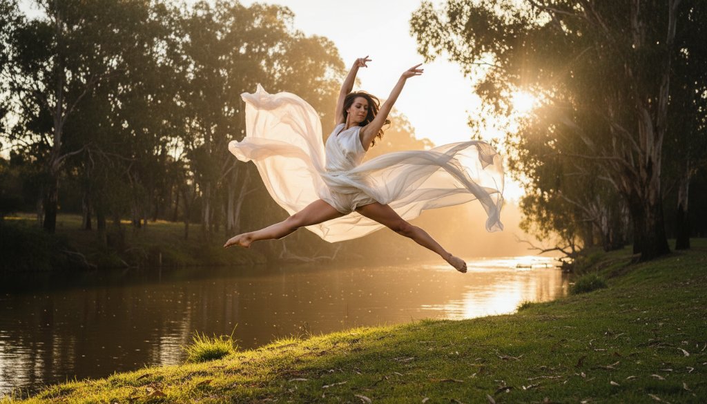A breathtaking Warrandyte dance photography capturing passion moment of a dancer mid-leap, silhouetted against a golden sunset over the Yarra River, showcasing powerful grace and emotion.