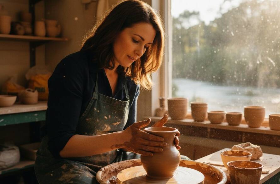 Dynamic editorial photography of a local Warrandyte artisan passionately explaining their craft in a sun-drenched studio, capturing an epic moment for local businesses branding.