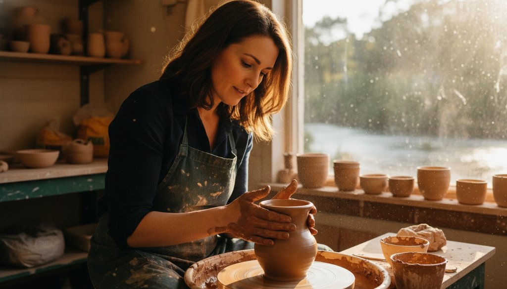 Dynamic editorial photography of a local Warrandyte artisan passionately explaining their craft in a sun-drenched studio, capturing an epic moment for local businesses branding.