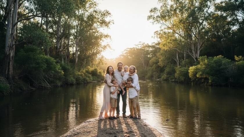 A heartwarming, professionally color-graded wide shot of a multi-generational family laughing and embracing by the Yarra River in Warrandyte, bathed in golden hour light, capturing genuine joy and connection during a Warrandyte family photography session.