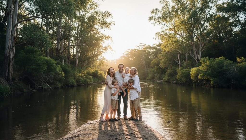 A heartwarming, professionally color-graded wide shot of a multi-generational family laughing and embracing by the Yarra River in Warrandyte, bathed in golden hour light, capturing genuine joy and connection during a Warrandyte family photography session.