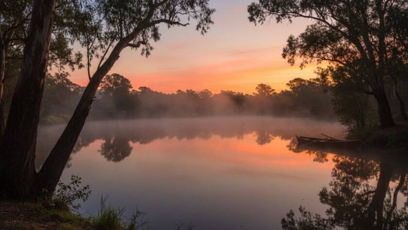 A breathtaking long-exposure fine art photograph capturing Warrandyte fine art photography Yarra's tranquil embrace at sunset, with a lone canoeist gliding silently on the glass-like water, surrounded by the golden hues of the ancient riverside gums and dramatic, professional colour grading.