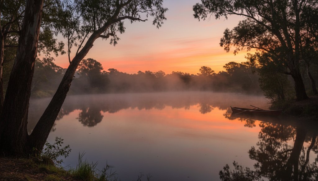 A breathtaking long-exposure fine art photograph capturing Warrandyte fine art photography Yarra's tranquil embrace at sunset, with a lone canoeist gliding silently on the glass-like water, surrounded by the golden hues of the ancient riverside gums and dramatic, professional colour grading.
