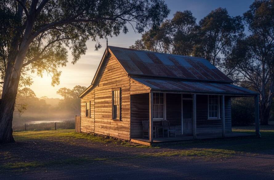 Dramatic long-exposure shot showcasing the rustic charm of a historic Warrandyte gold-rush era building at dusk, bathed in warm streetlights, emphasizing its unique architectural details. An epic moment in Warrandyte heritage building architecture photography.