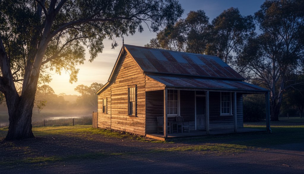 Dramatic long-exposure shot showcasing the rustic charm of a historic Warrandyte gold-rush era building at dusk, bathed in warm streetlights, emphasizing its unique architectural details. An epic moment in Warrandyte heritage building architecture photography.