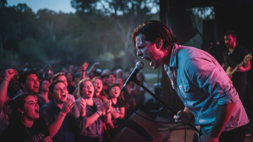 An expert Warrandyte live music photography Melbourne shot capturing a dynamic lead singer bathed in dramatic stage lighting, mid-performance, with the cheering Warrandyte crowd blurred in the background, conveying immense energy and emotion.