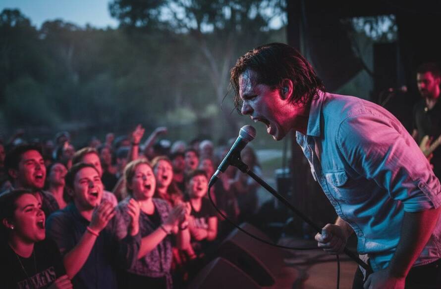 An expert Warrandyte live music photography Melbourne shot capturing a dynamic lead singer bathed in dramatic stage lighting, mid-performance, with the cheering Warrandyte crowd blurred in the background, conveying immense energy and emotion.