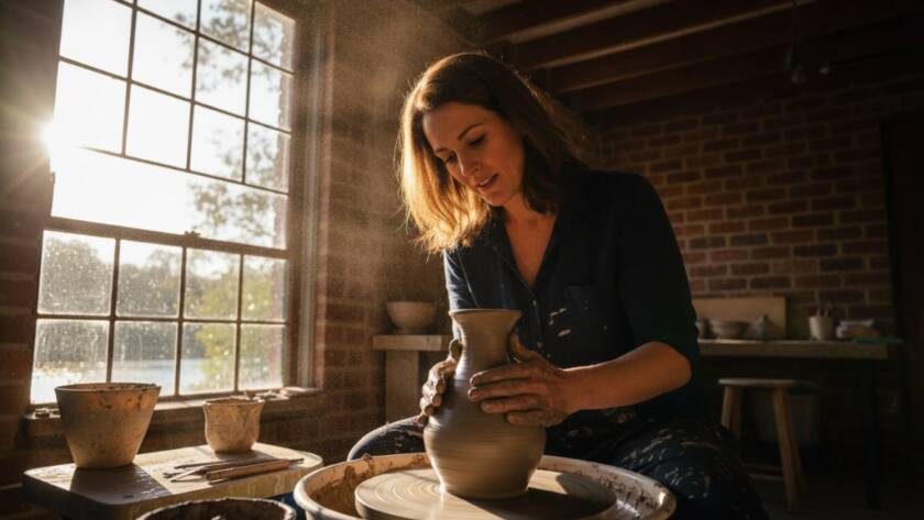 Epic shot showcasing a Warrandyte local business branding photography expertise moment, with a local artisan passionately crafting pottery in a sunlit studio, demonstrating skill and dedication, framed by the natural beauty of Warrandyte.