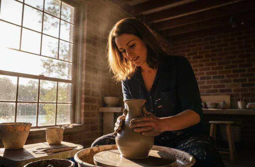Epic shot showcasing a Warrandyte local business branding photography expertise moment, with a local artisan passionately crafting pottery in a sunlit studio, demonstrating skill and dedication, framed by the natural beauty of Warrandyte.