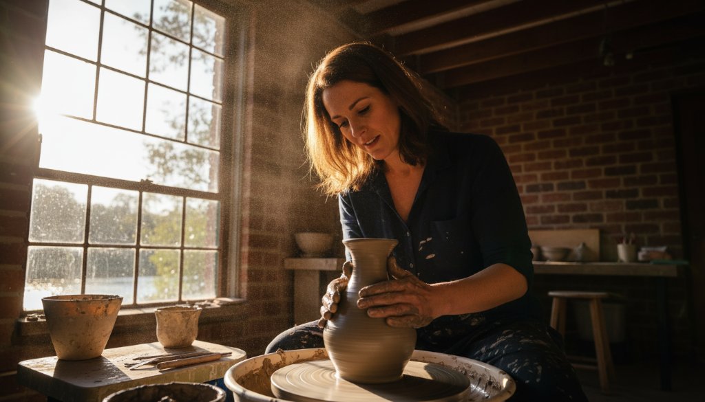 Epic shot showcasing a Warrandyte local business branding photography expertise moment, with a local artisan passionately crafting pottery in a sunlit studio, demonstrating skill and dedication, framed by the natural beauty of Warrandyte.