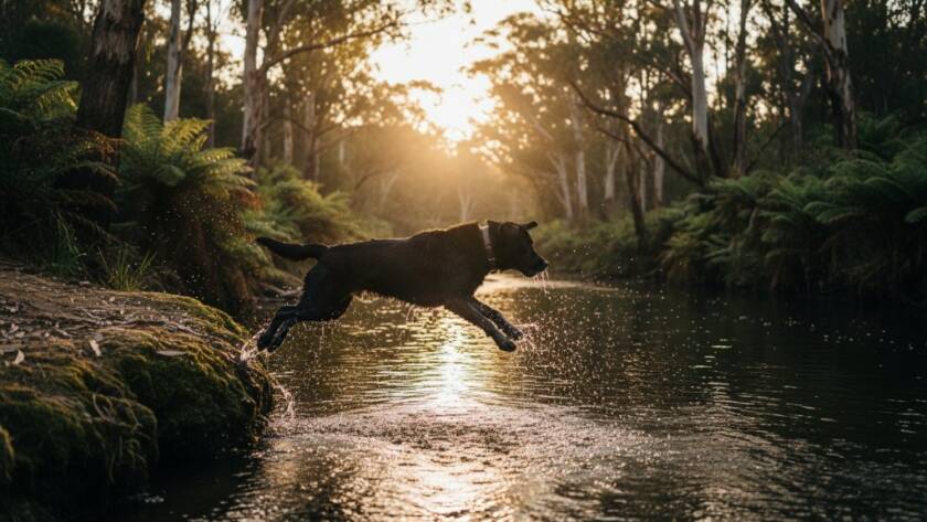 A vibrant, wide-angle shot of a golden retriever joyfully leaping through shallow water in the Yarra River, Warrandyte, during golden hour. The dog is mid-air, ears flopping, water splashing, with the lush green bushland of Warrandyte in the blurred background. Professional, color-graded photography capturing Warrandyte pet photography playful riverside adventures.