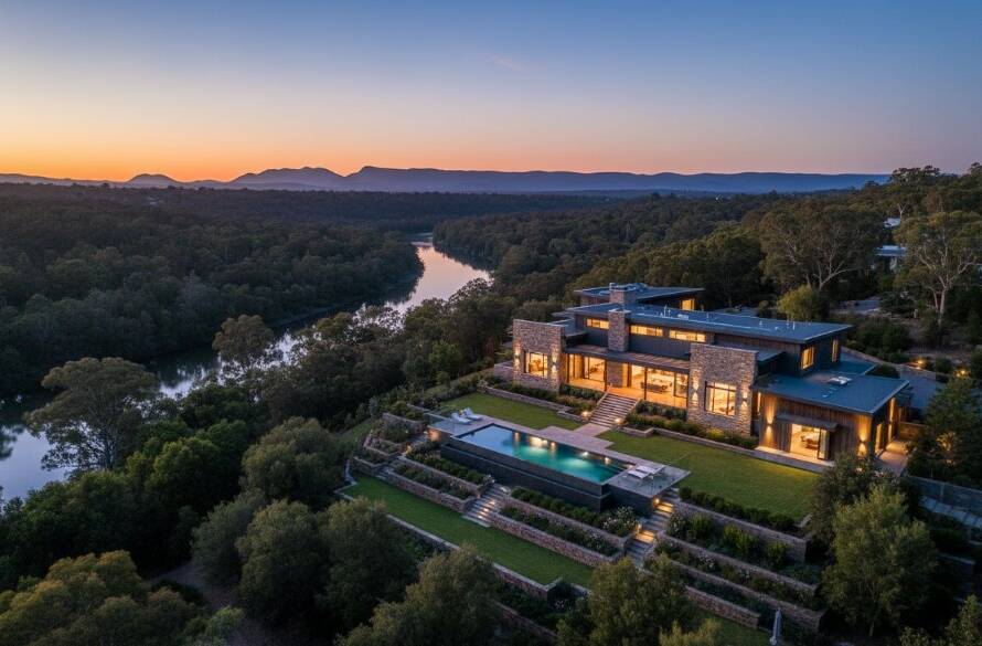 An epic, cinematic aerial shot at twilight showcasing a modern, luxurious Warrandyte property with expansive grounds, glowing interior lights, and the Yarra River in the background, embodying Warrandyte premium real estate photography.