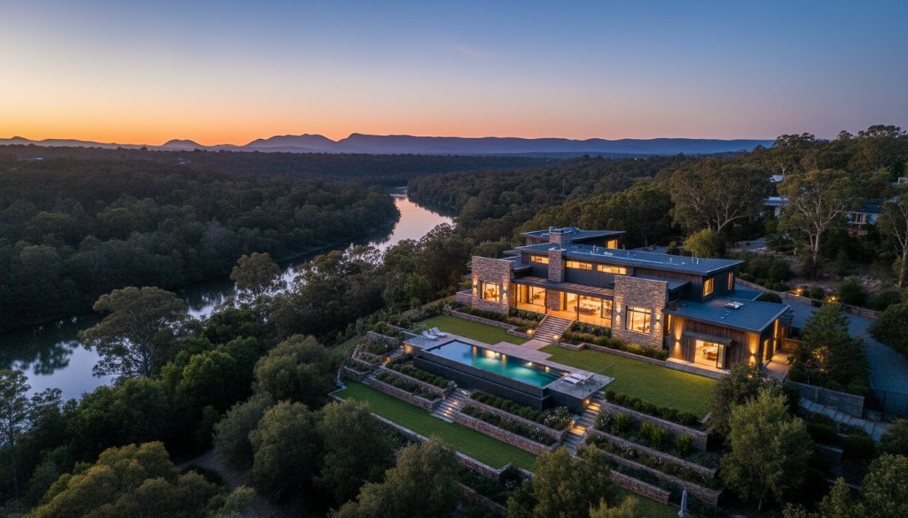 An epic, cinematic aerial shot at twilight showcasing a modern, luxurious Warrandyte property with expansive grounds, glowing interior lights, and the Yarra River in the background, embodying Warrandyte premium real estate photography.