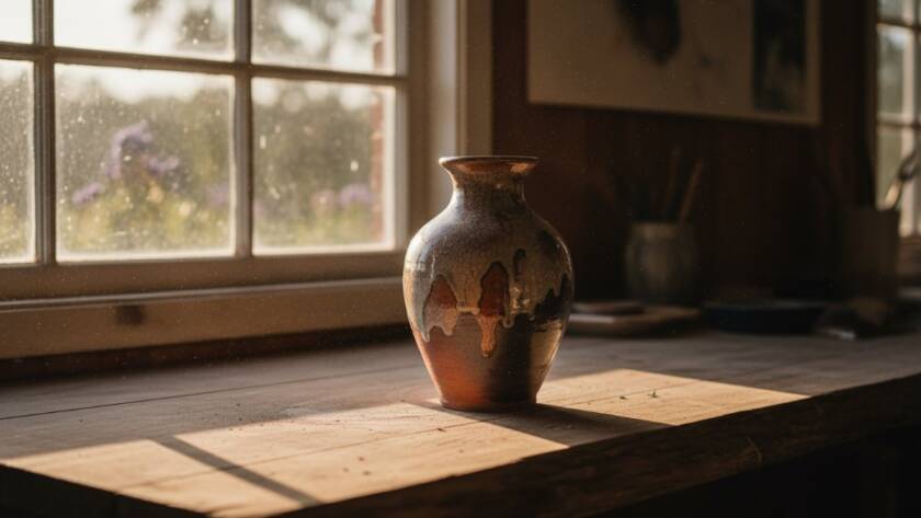 Dramatic overhead shot of a handcrafted ceramic bowl, beautifully lit, sitting on a rustic wooden table in a sun-drenched Warrandyte studio, embodying the essence of Warrandyte product photography for artisanal brands.