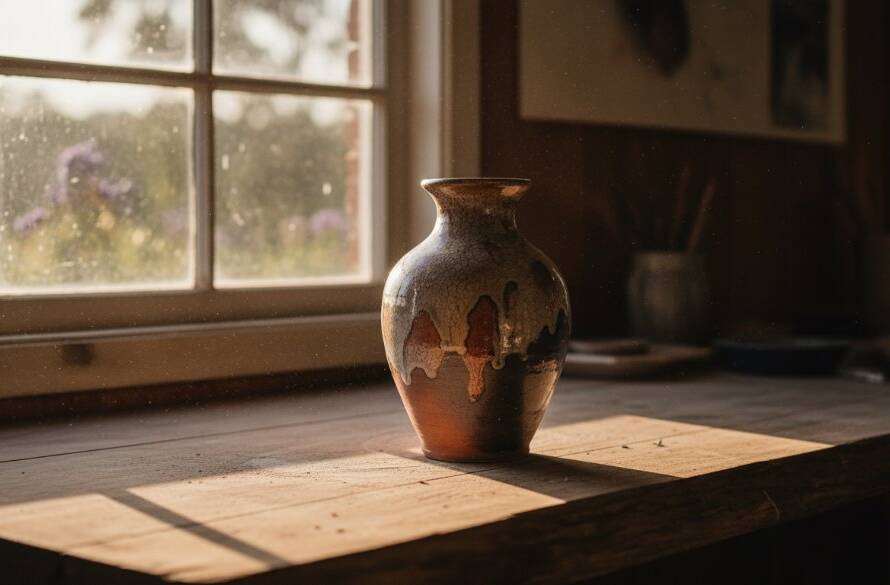 Dramatic overhead shot of a handcrafted ceramic bowl, beautifully lit, sitting on a rustic wooden table in a sun-drenched Warrandyte studio, embodying the essence of Warrandyte product photography for artisanal brands.