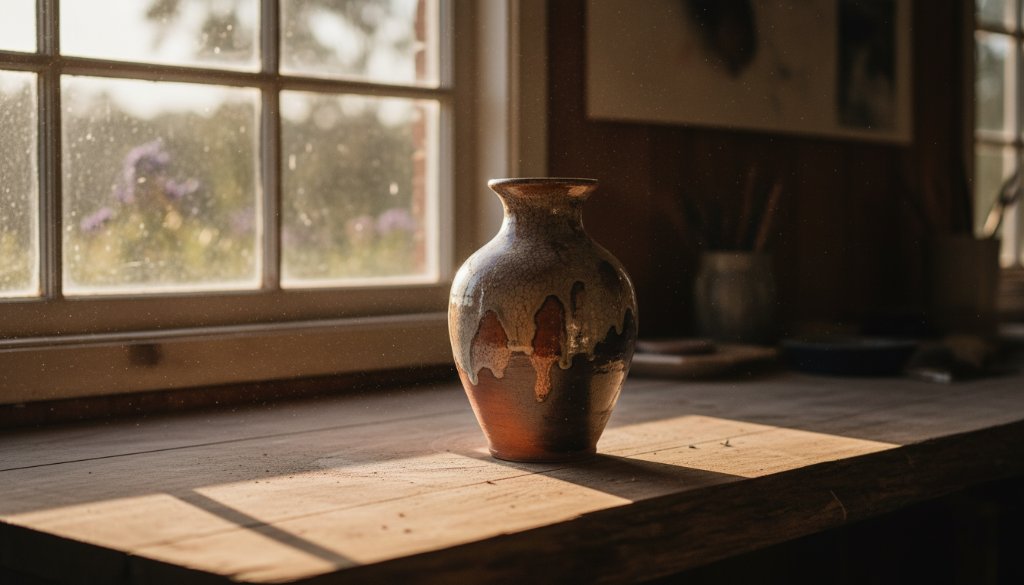 Dramatic overhead shot of a handcrafted ceramic bowl, beautifully lit, sitting on a rustic wooden table in a sun-drenched Warrandyte studio, embodying the essence of Warrandyte product photography for artisanal brands.