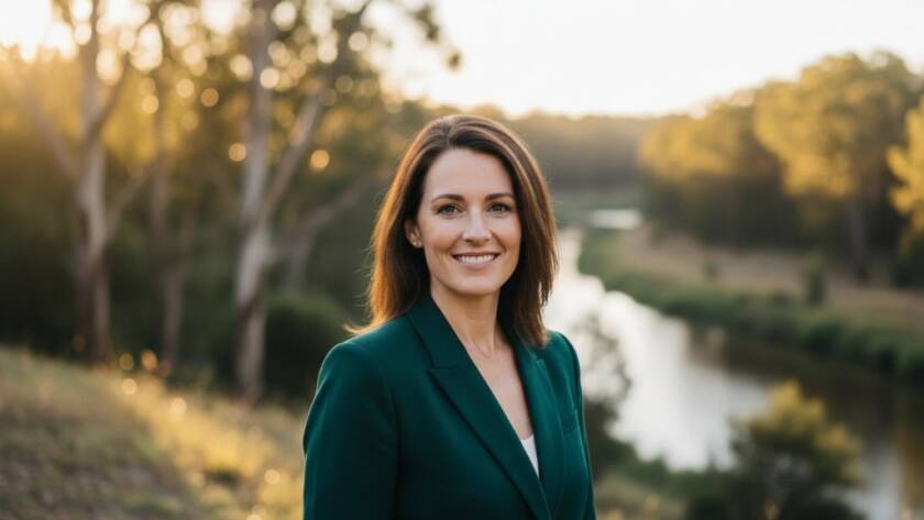 Dynamic Warrandyte professional headshots outdoor photography capturing a confident business professional against a vibrant Warrandyte natural backdrop at sunset, dramatic lighting, cinematic style.