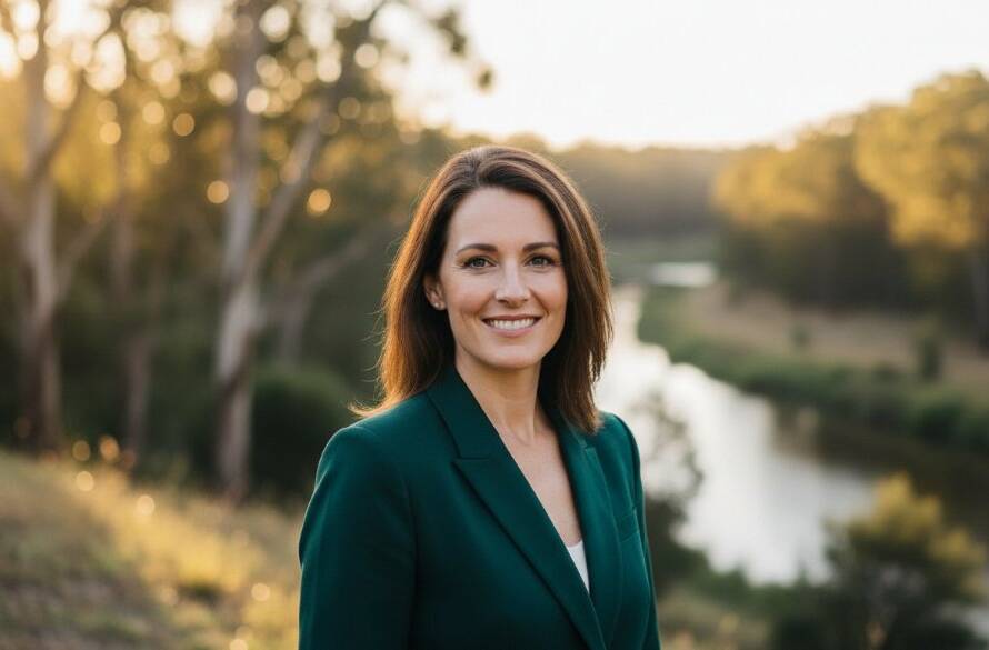 Dynamic Warrandyte professional headshots outdoor photography capturing a confident business professional against a vibrant Warrandyte natural backdrop at sunset, dramatic lighting, cinematic style.