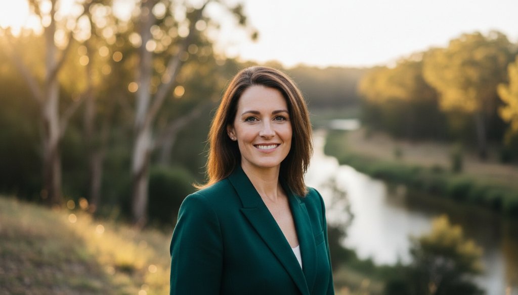 Dynamic Warrandyte professional headshots outdoor photography capturing a confident business professional against a vibrant Warrandyte natural backdrop at sunset, dramatic lighting, cinematic style.